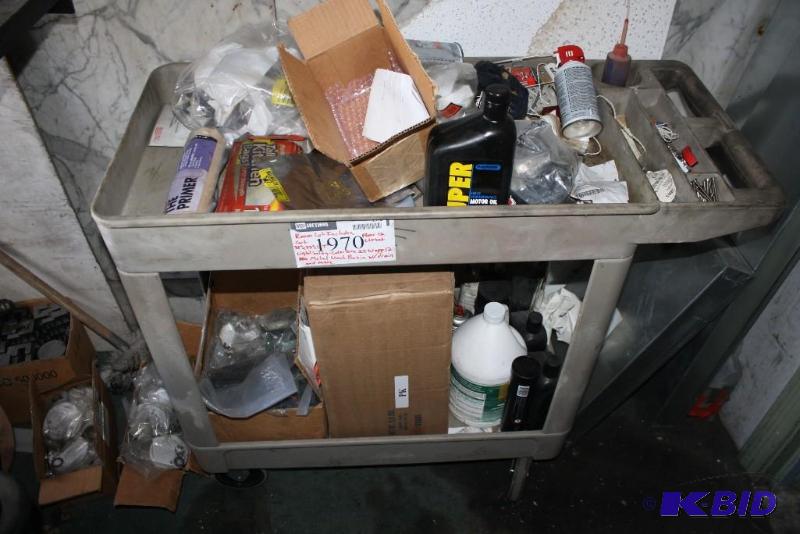 lot 1970 image: Room Lot Includes Cart & Contents Including Light bulbs Metal Wash Basin, And More.