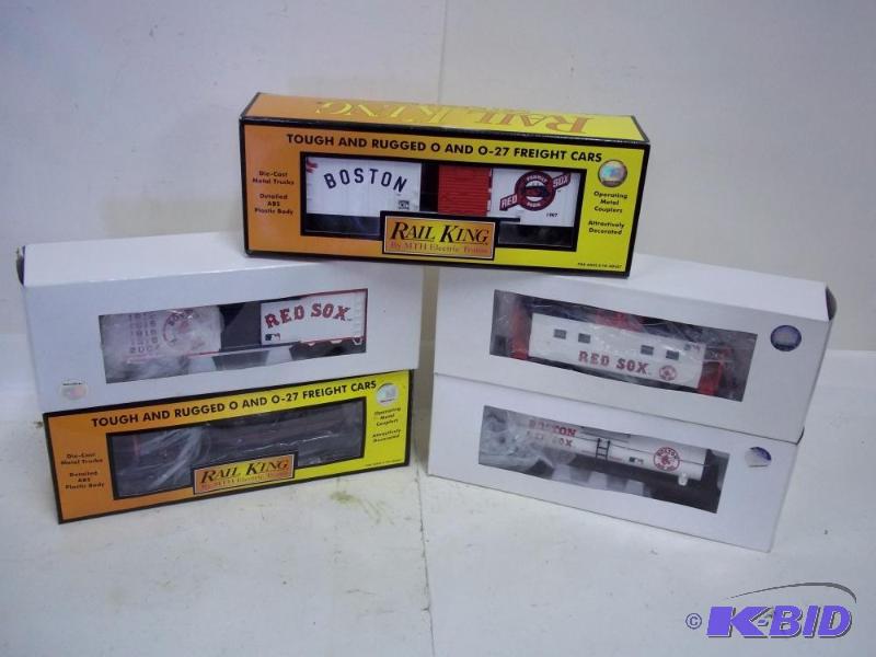 lot 6 image: Five Boston Red Sox box cars Lionel O Gauge...