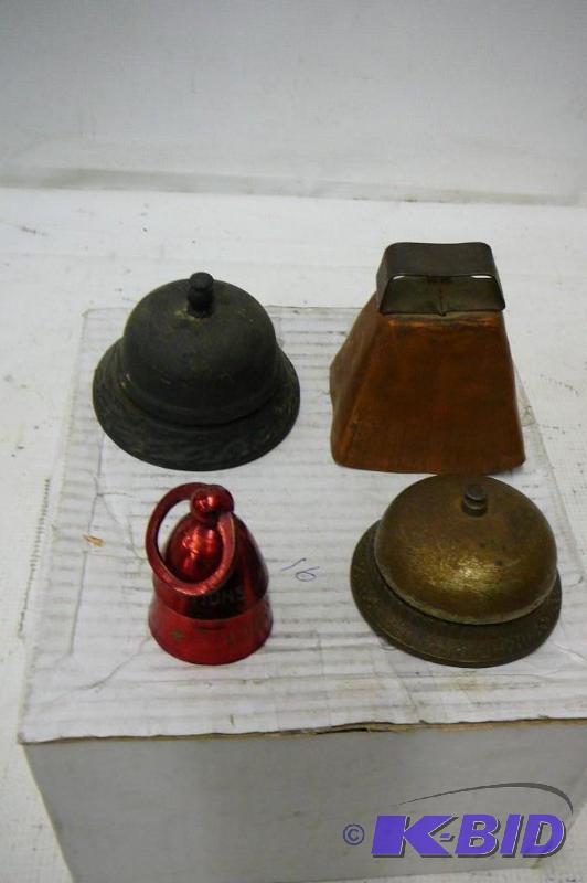 lot 62 image: Small cow bell  2 desk bells  1 bel...