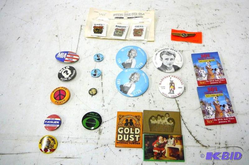 lot 75 image: Lot of buttons Monroe, Dean , Mia, Football, ...