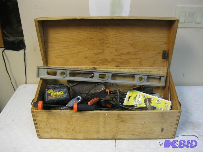 Large Wood Tool Box Filled With Tools And Har...