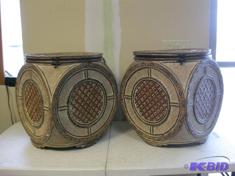 Pair Of Wood And Wicker Decorative Storage Co...