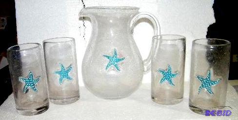 lot 116 image: Clear Bubbled Glass Pitcher and Glass Set wit...