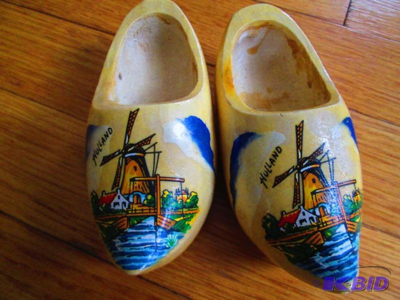 lot 64 image: Pair of small wooden doll shoes from Holland...