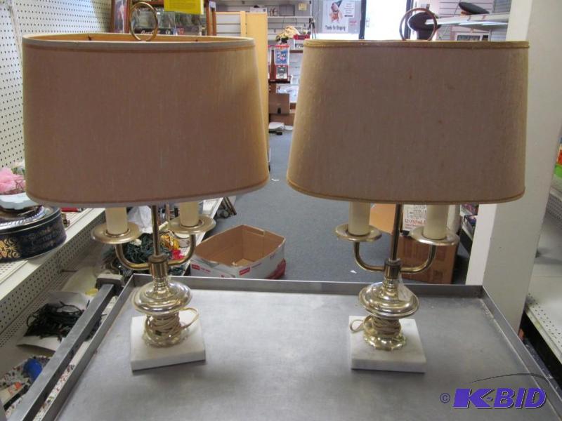 lot 9 image: pair of vintage end table lamps--marble and brass