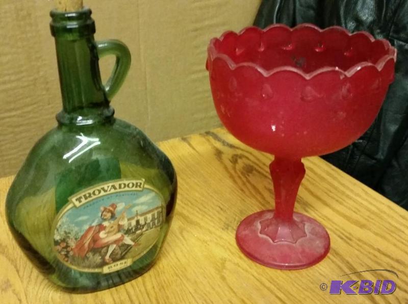 Vintage Wine Bottle with red footed candy dis...