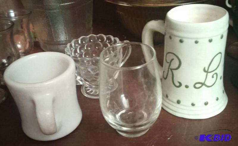 misc. glassware, Mug is dated from 1947...