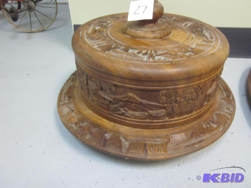 lot 27 image: Vintage hand carved wooden rotating cake serv...