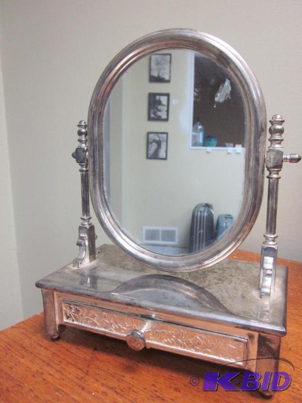 lot 31 image: 14 inch vintage silver plate mirror on stand ...