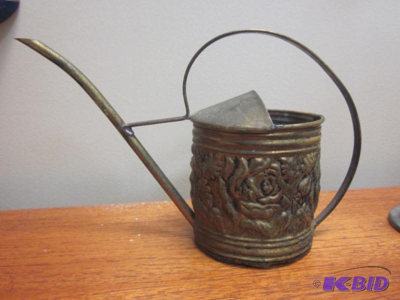 lot 33 image: Antique solid brass spouted pitcher, stamped ...