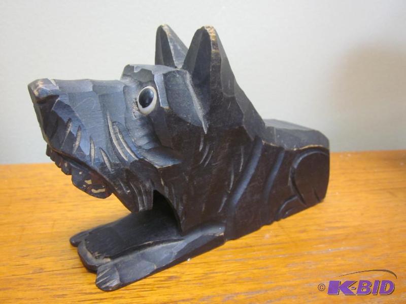 lot 38 image: Hand carved wooden dog with glass eyes, show ...