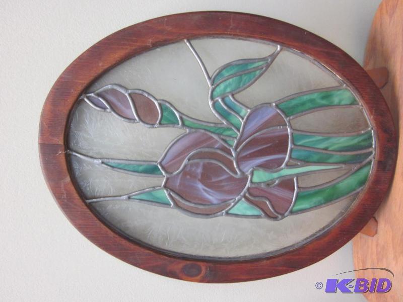 lot 41 image: 15 inch oval leaded stained glass with wood f...