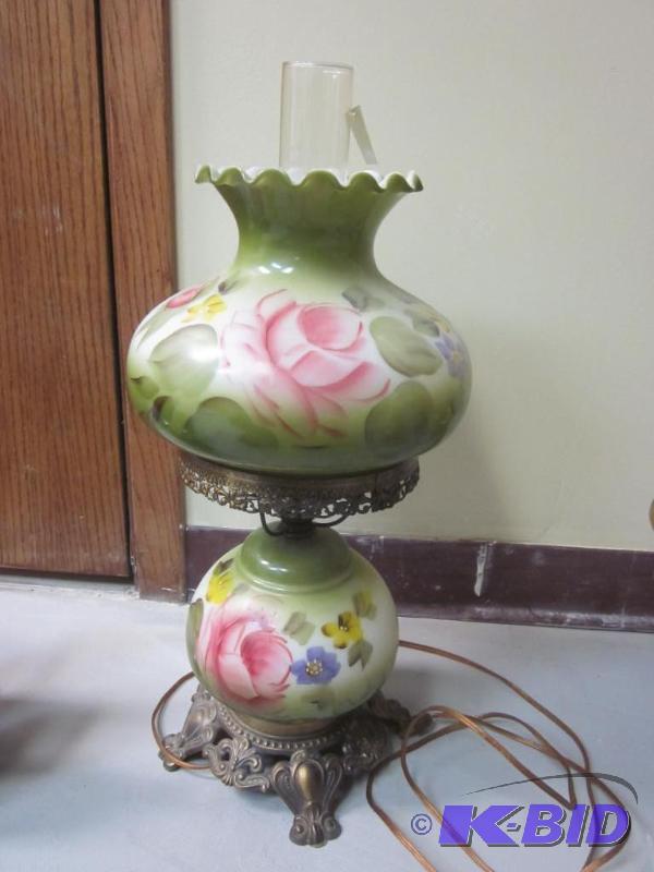 lot 66 image: 24 inch hand painted antique glass hurricane ...