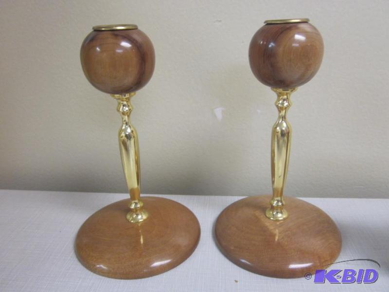 lot 69 image: Pair of 9 inch Myrtlewood candle holders.&nbs...