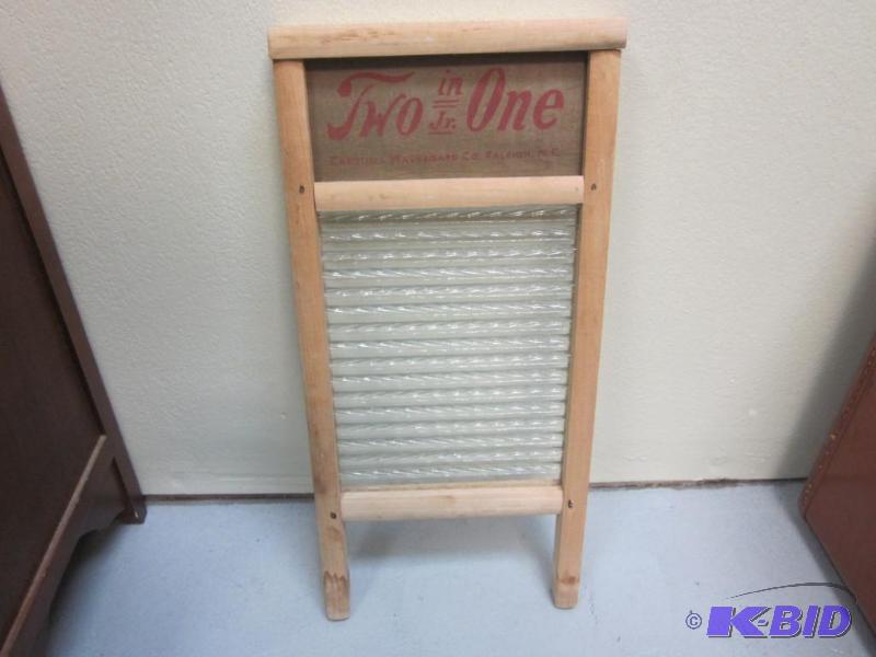 lot 7 image: Two in One Jr. antique washboard with glass s...