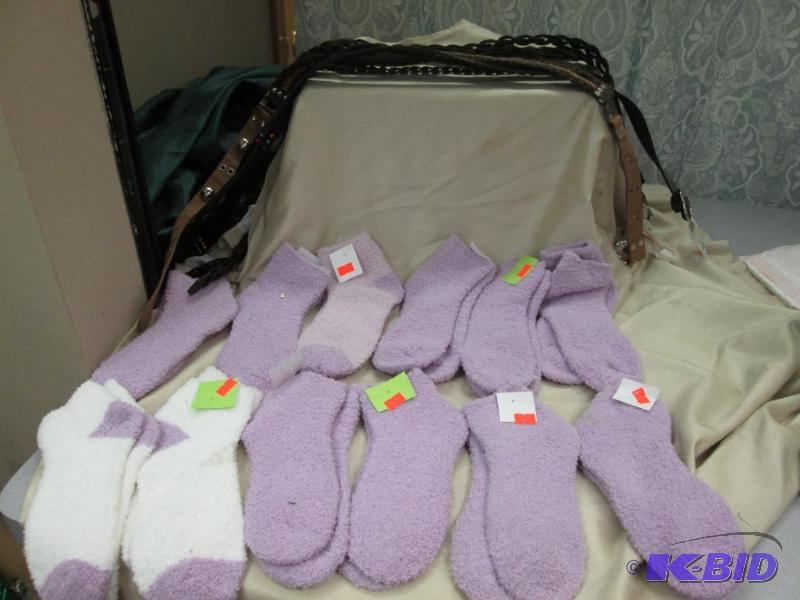 12 pair womens cozy socks, 6 womens belts siz...