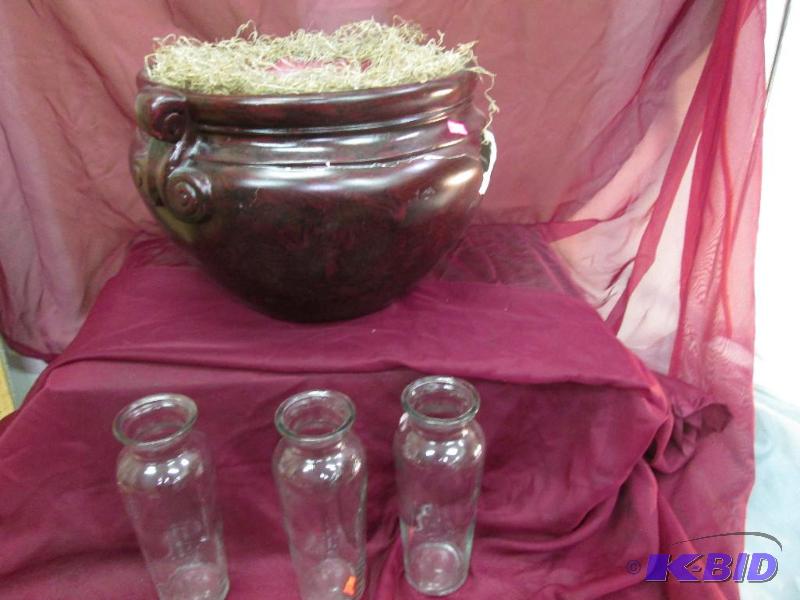 3 glass vases and 1 large flower planter - pl...