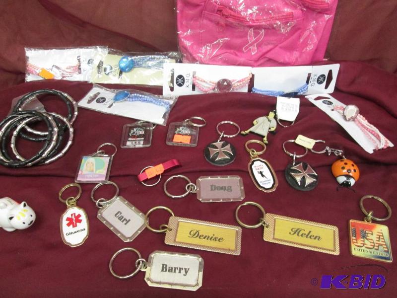 keychains, bead bracelets, pink fanny pack...