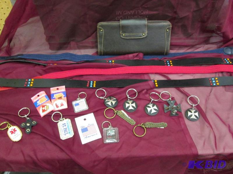 4 xl size belts, misc. key chains, wallet...