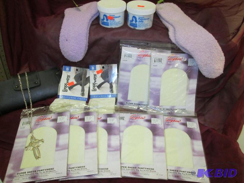 misc nylons, cross necklace, wallet, dry skin...