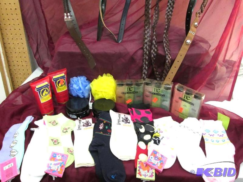 10 belts size medium, womens socks size 9-11,...