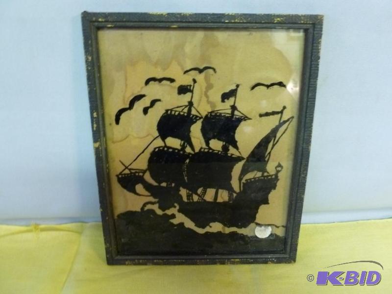 lot 205 image: Vintage wood framed sailing ship picture that...
