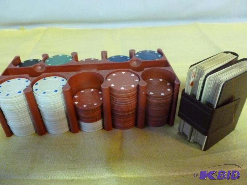 lot 212 image: Poker set that includes chips, rack and two d...