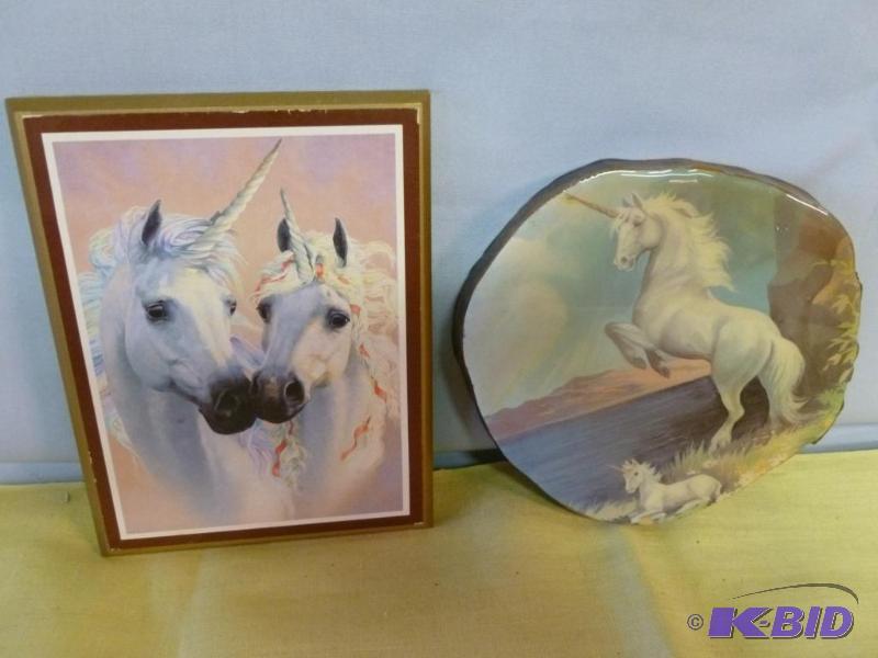 lot 49 image: Lot of two unicorn themed wood bodied picture...