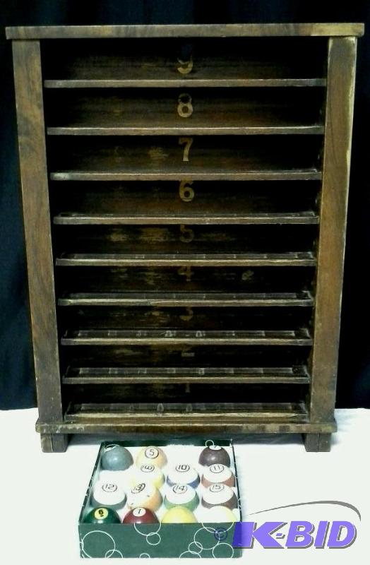lot 110 image: Vintage wood billiard holder and clay billiard ball