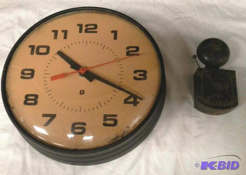 lot 76 image: Old school clock and fire alarm