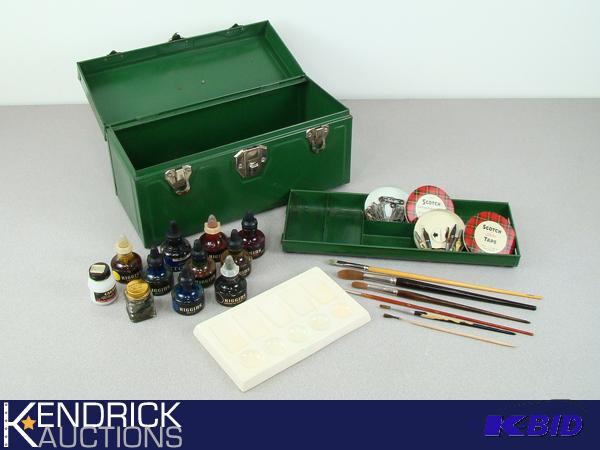 Vintage Metal Tool Box Of Writing and Art Supplies