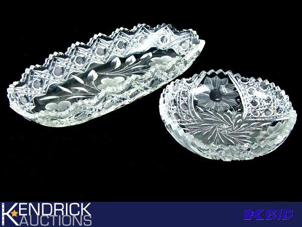 2 Antique Etched Cut Crystal Serving Dishes