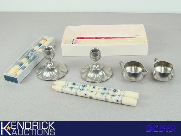 Pewter Cream and Sugar, 2 Pewter Candle Holders with Vintage Art Candles