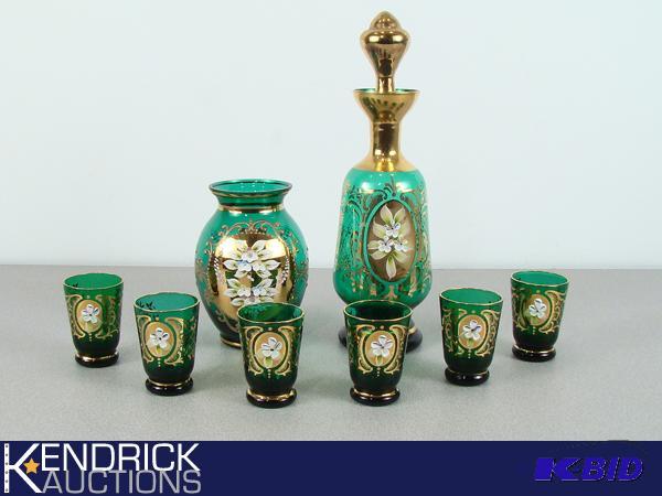 9 Piece Gold Gilt Floral Bohemian Green Glass Wine Decanter with Glasses, and Vase Set