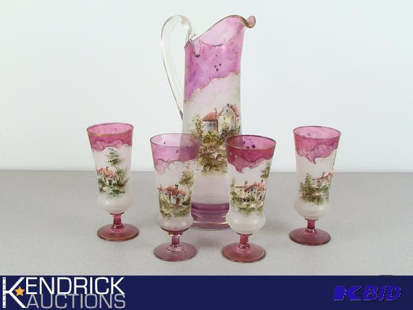 5 Piece Antique Victorian 4 Serving Hand Painted Pitcher, and Glasses Set