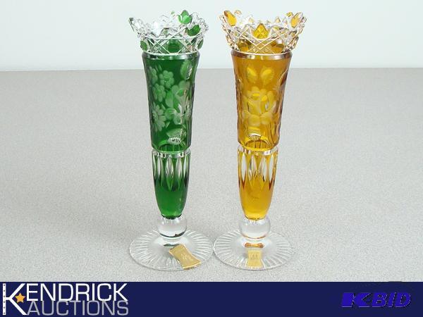 2 Green and Yellow Cut Crystal Bohemian Glass Vases
