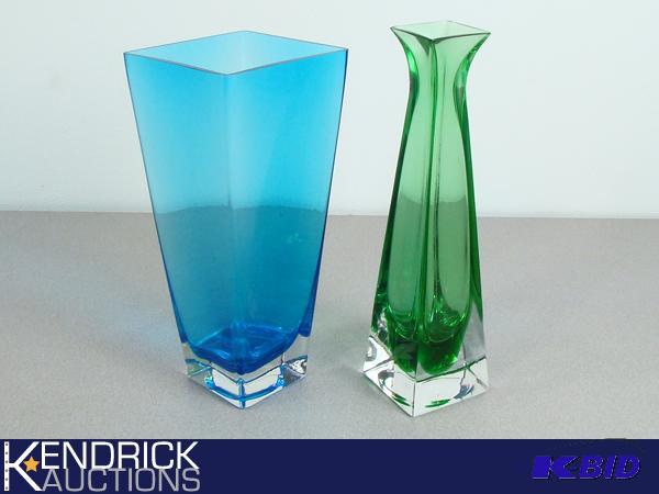 2 Art Deco Blue, and Green Glass Vases