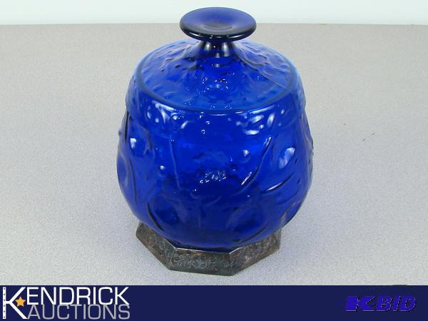Vintage Cobalt Blue Lidded Candy Dish with Silver Plated Base