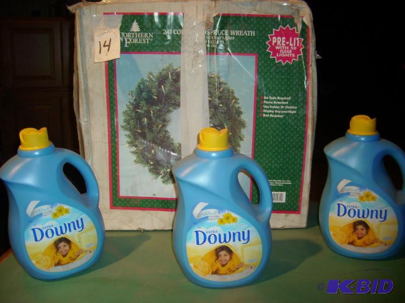 Wreath, 24 inch prelit and 3 bottles of Downy...
