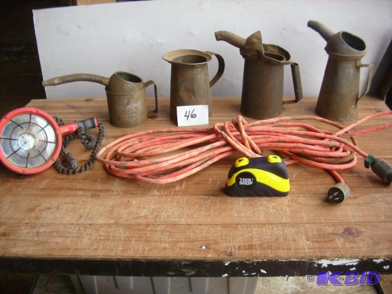 Vintage oil cans, digital tape measure, elect...