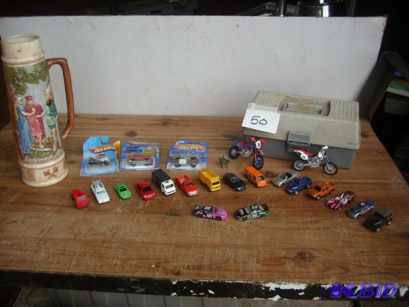 Hotwheels, German Beer Mug, tackle box...