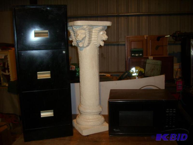 Microwave, Lion Statue and 3 door file cabine...