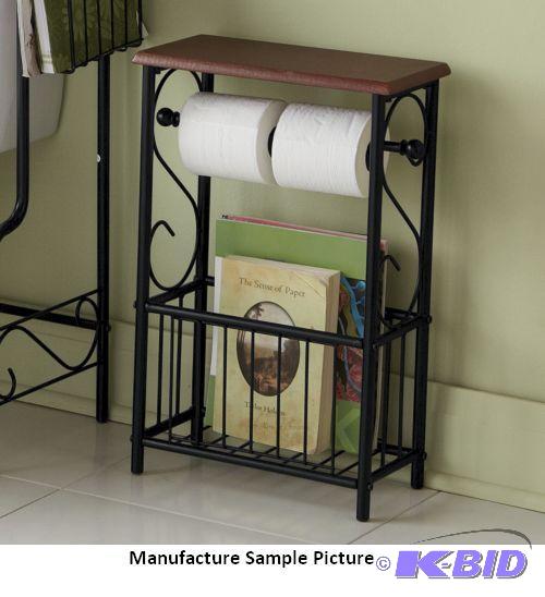 lot 120 image: Black and Wicker Two Shelf Bathroom Rack - Fe...