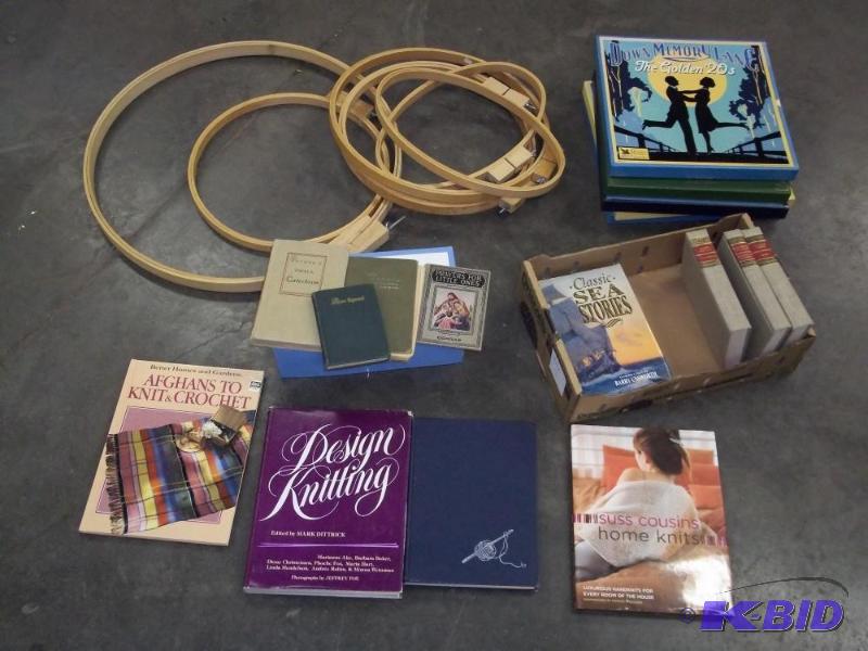 Assortment of Cross stitch supplies, books an...