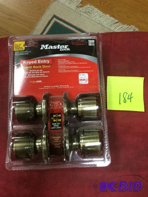 lot 184 image: Master Lock Keyed Entry brand new, Antique Brass two-pack
