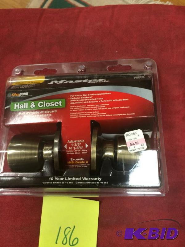 lot 186 image: Master Lock HallCloset brand new, Antique Brass two-pack