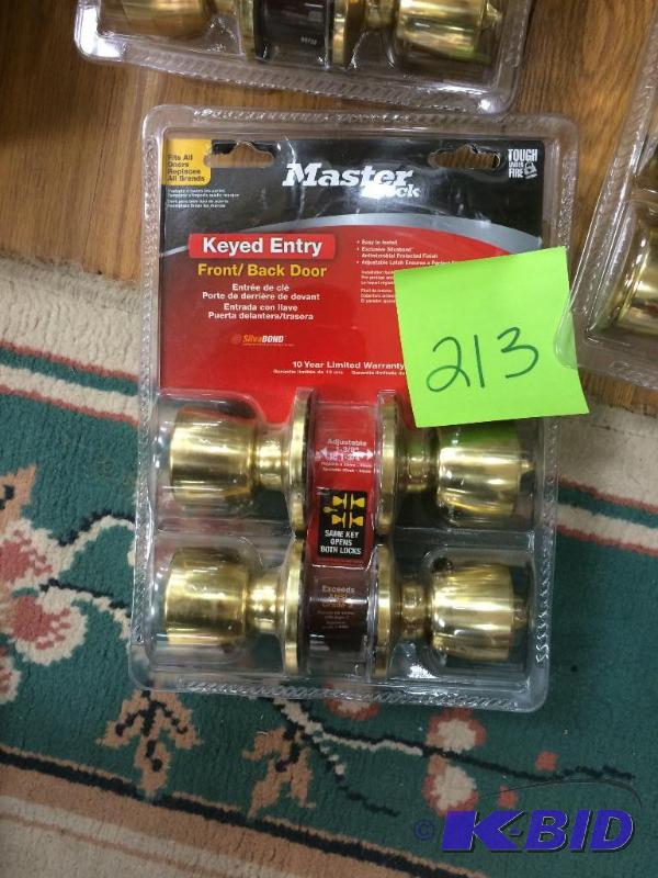 lot 213 image: Master Lock Keyed Entry Front and Back Doors Set Polished Brass Finish