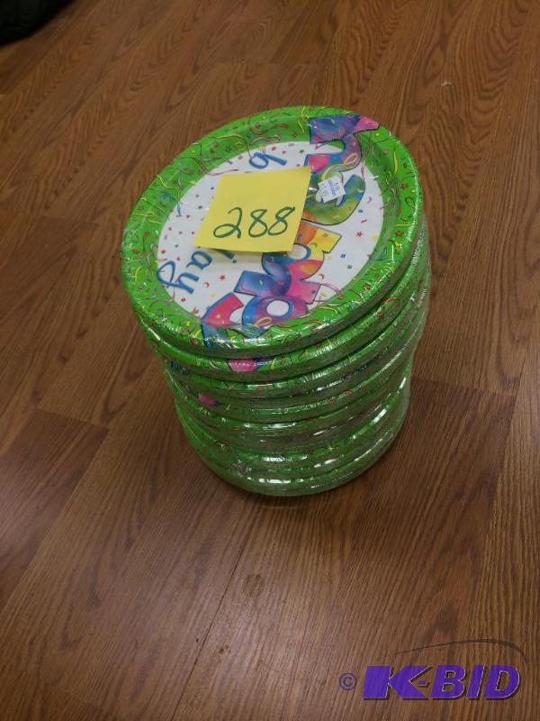 lot 288 image: stack of Happy Birthday paper plates new in plastic