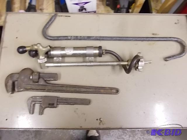 Meat Hook, 2 Pipe Wrenches, Hand Pump Tapper...