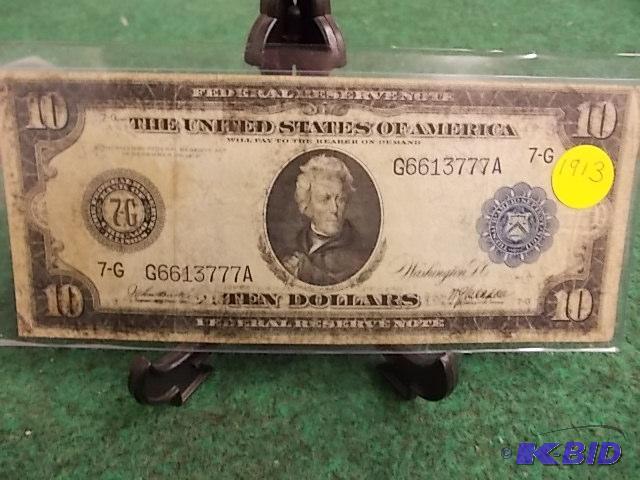 lot 13 image: 1913 $10 Federal Reserve Note (7-G)...